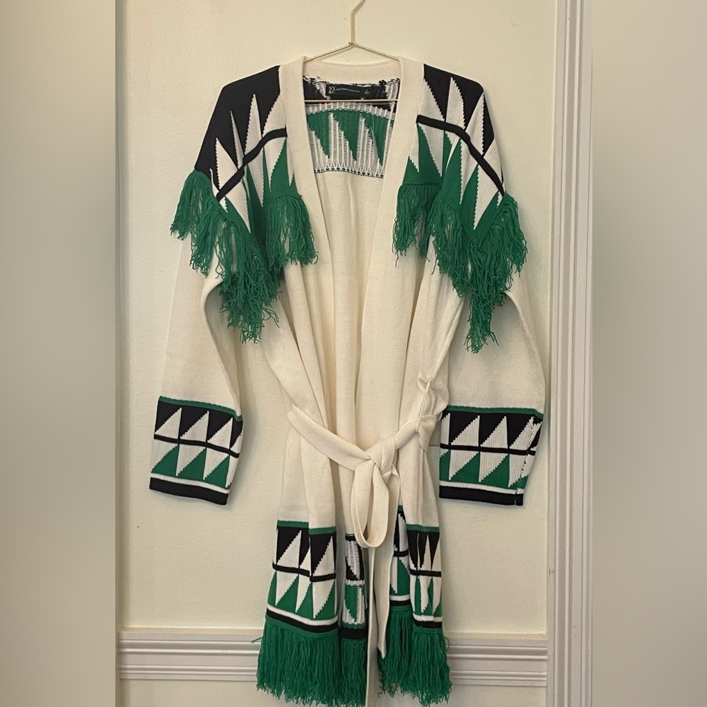 NWT New York & Co. Fair Isle Open Front Long Cardigan with belt Size L
